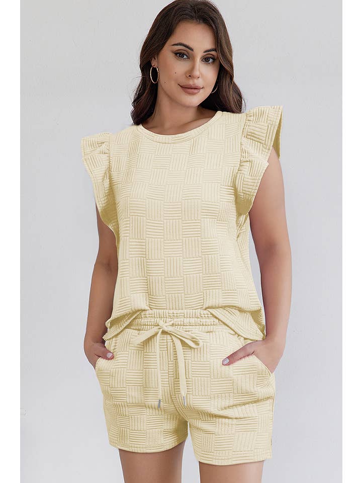 LA Society - Wholesale Lounge Set - Women's - Textured Ruffled Sleeve Tee and Drawstring Shorts Set