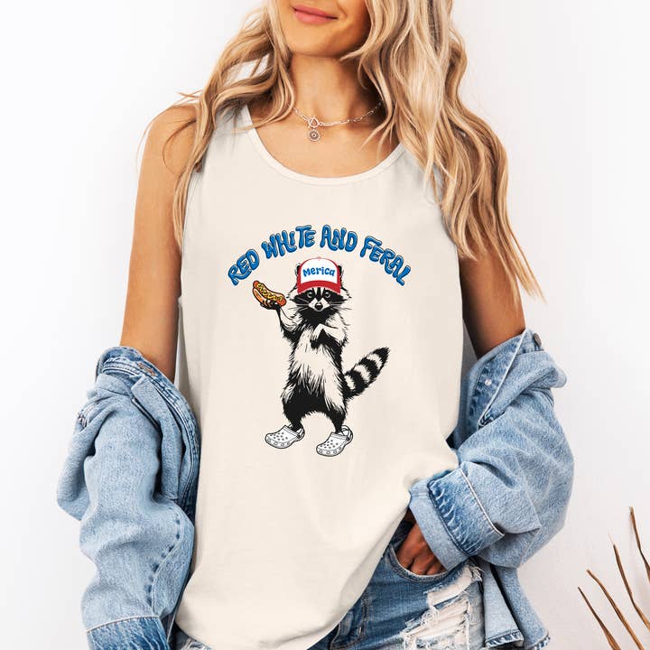 Red White and Feral, Raccoon, Funny, America, USA Tank Top for wholesale by Refinery Number One LLC