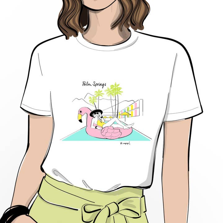 Palm Springs Flamingo Float Crewneck Graphic Tee for wholesale by Rappi Palm Springs