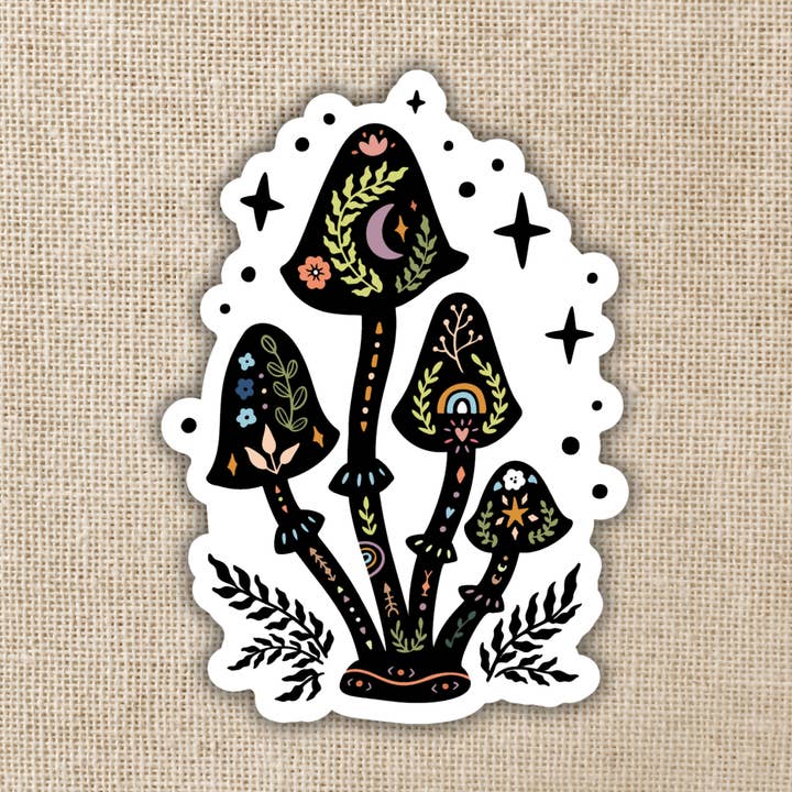 Magical Mushrooms Sticker, 3-inch for wholesale by Kingdom of Threads