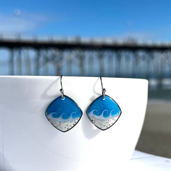 Sandy Beaches Shop - Wholesale Dangle Earrings - Custom Sand Square Wave Dangle Earrings | Beach Sand