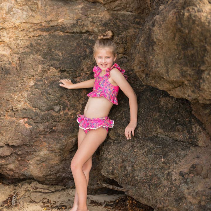 Fernleigh Avenue - Wholesale Two Piece Swimsuit - Kids - Pink Oriental Frill Girls Two Piece Swimsuit, Girls Bikini