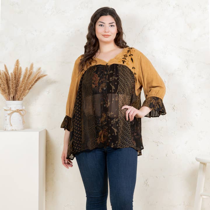 Young Threads - Wholesale Button Down Shirt - Women's - Boho Delight: Overdyed Rayon V-Neck Top15