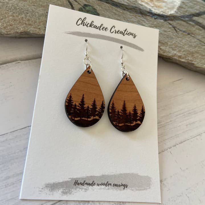 Chickadee Creations - Wholesale Dangle Earrings - Cherry wood earrings teardrop forest