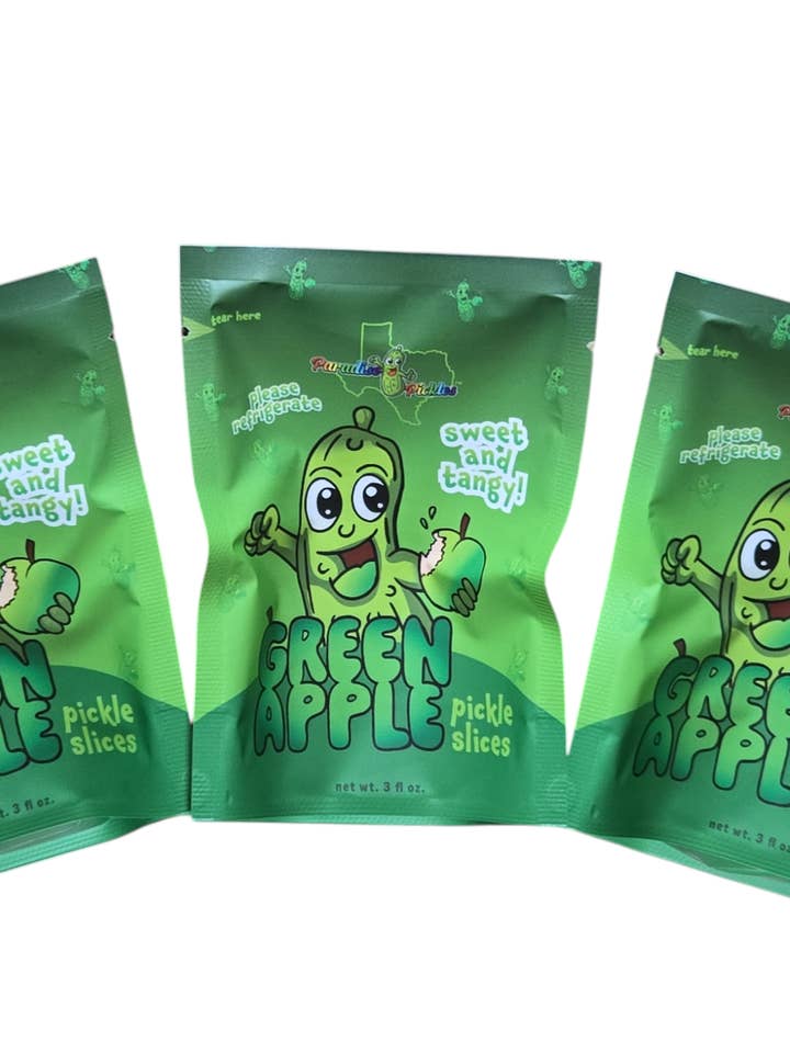 12 Green Apple Pickle Snacks!    for wholesale by Paradise Pickles LLC