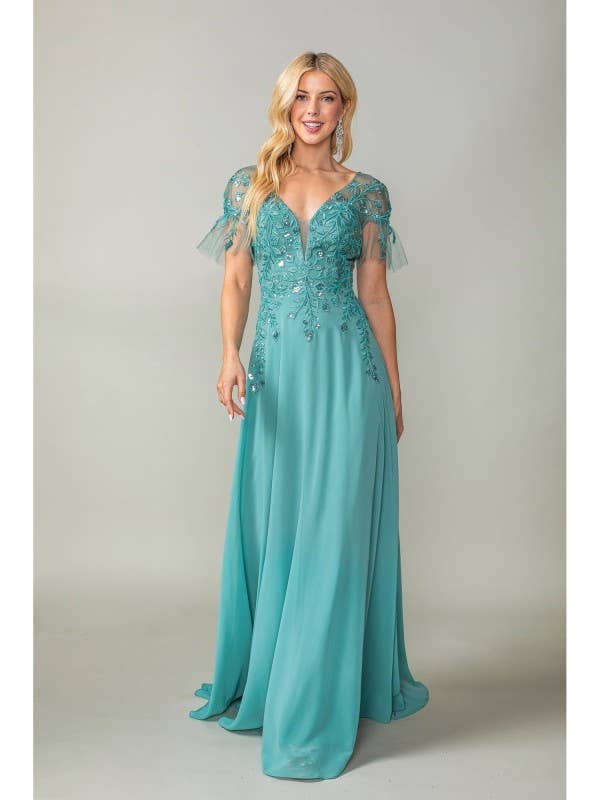 Dancing Queen Dress - Wholesale Gown - Women's - Flutter Sleeve Gown with Embroidered Applique2