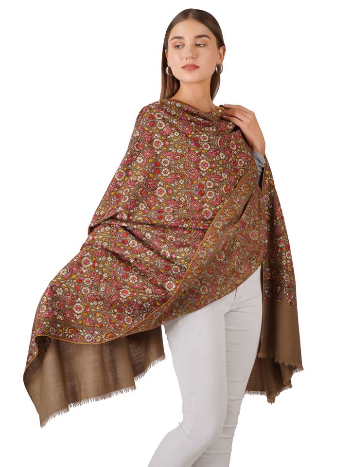 Exquisite Hand Embroidered Floral Pashmina Shawl - Natural Toosh for wholesale by PASHWRAP
