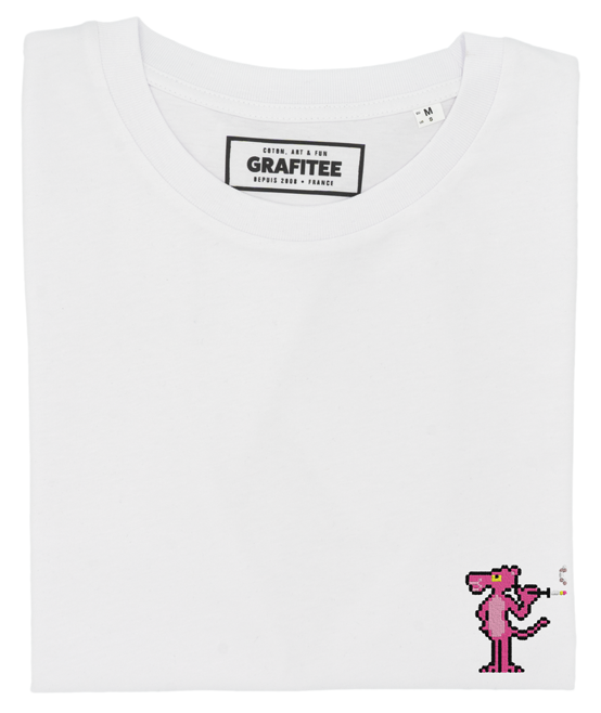White Embroidered Pink Panther T-shirt - 100% organic cotton for wholesale on Faire2