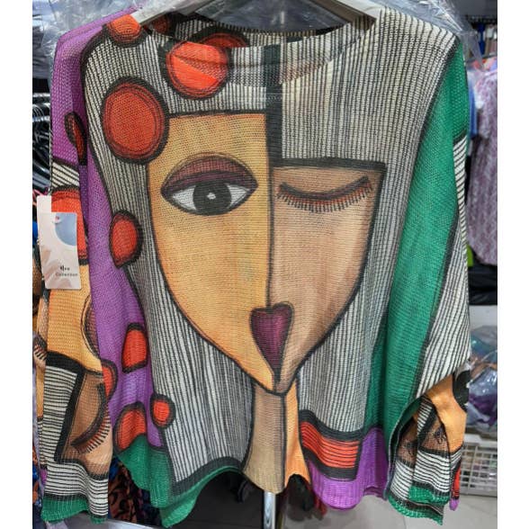 C1001 Camisola de manga comprida com estampa de primavera “Picasso” Roxo  por atacado de LOOWIE