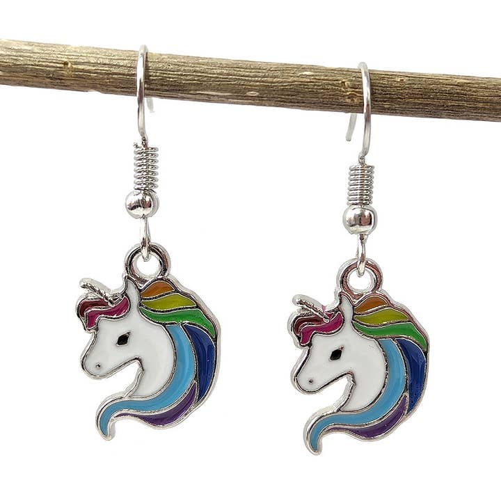 Colorful Random Rainbow Unicorn Enamel Earrings for wholesale by Stylish Jewelry Supply