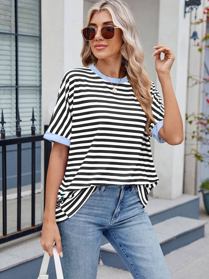 Lovesoft – wholesale T-shirt – women's – Striped Collision Round Neck Short-sleeved12