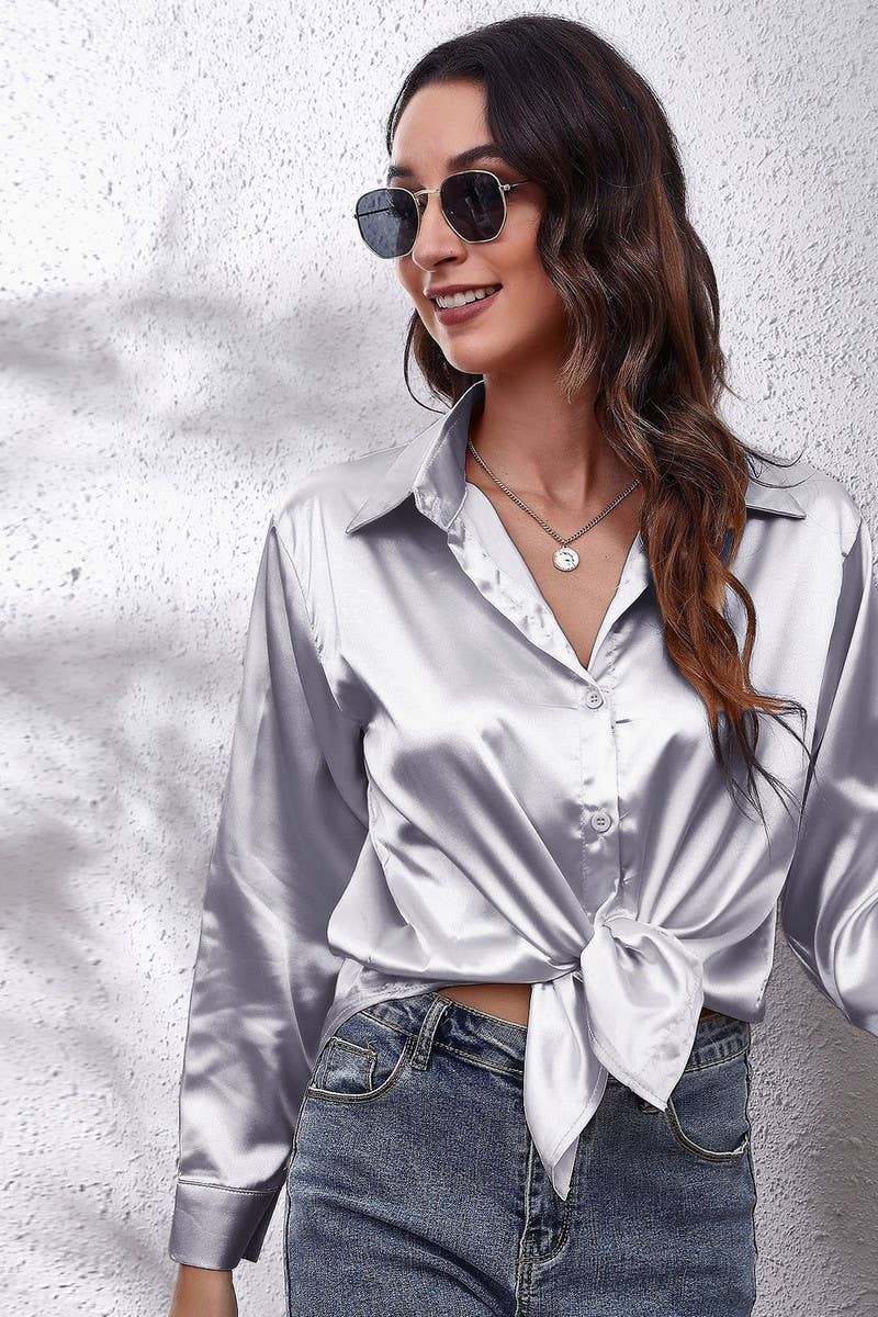 NINEXIS - Wholesale Button Down Shirt - Women's - CWTBLL0691_Button Down Silky Satin Long Sleeve Top52