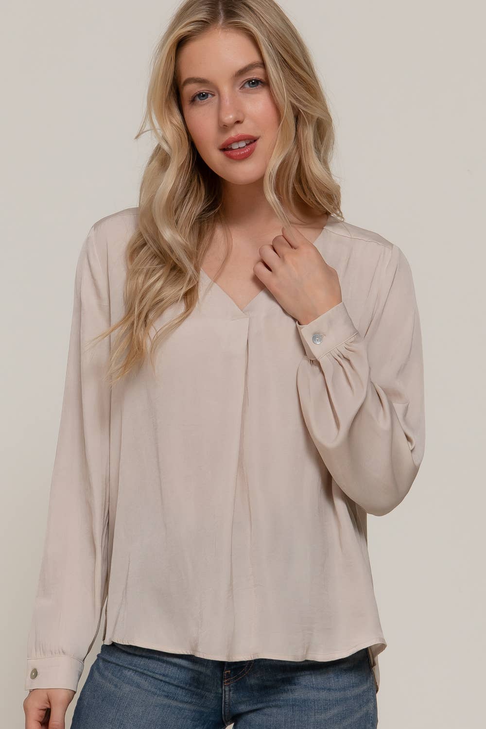 Active Basic | Active USA - Wholesale Blouse - Women's - Long Sleeve V-Neck with Pleats Satin Blouse13