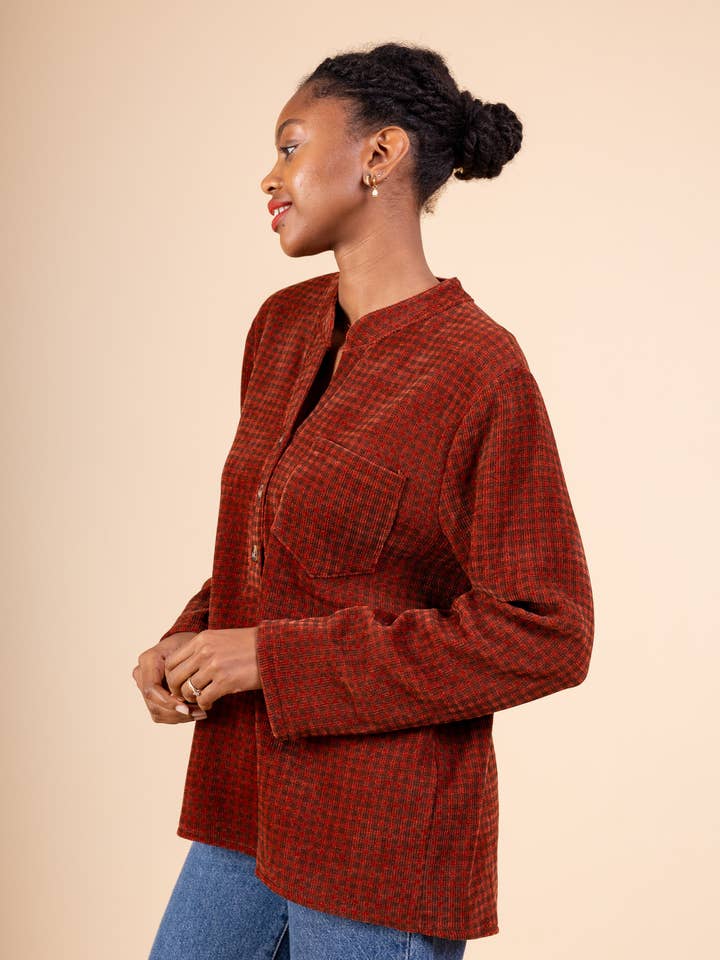 Velvet Effect Checkered Blouse @4389_BsCarreaux for wholesale by Mimi & Gogo