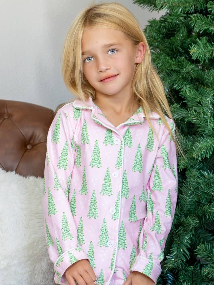 Kids Christmas 2025 Pajamas - Button Down - Pink Trees for wholesale by Sugar Bee Clothing
