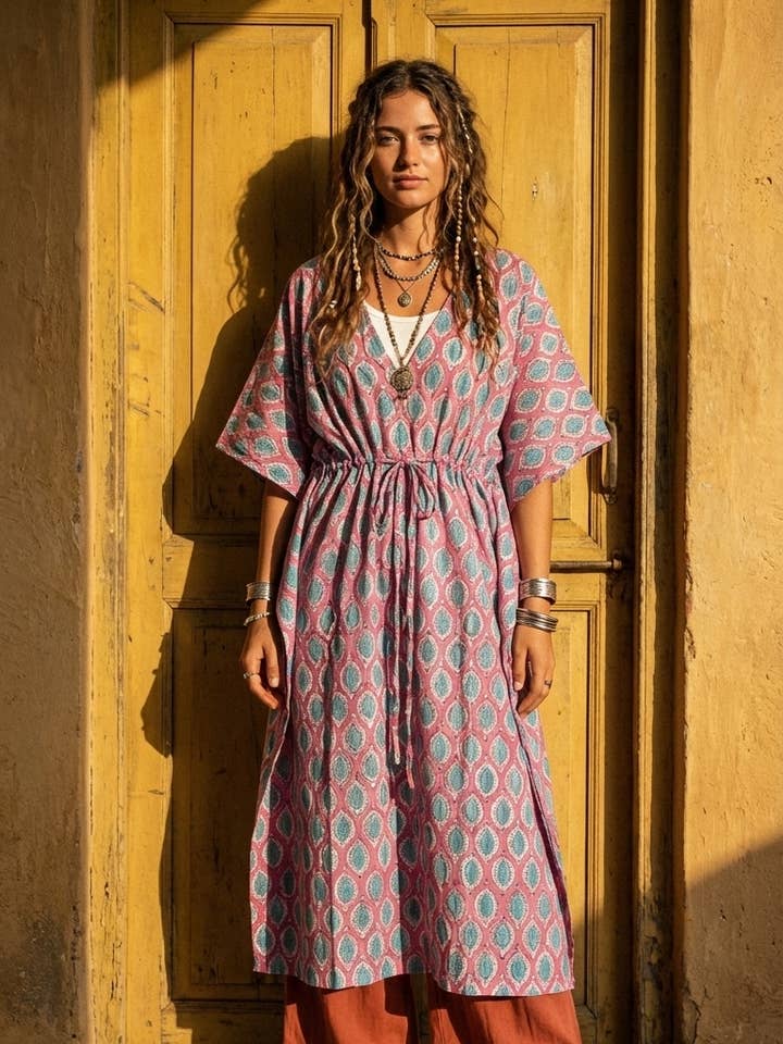 Pack de Caftans à Motifs Floraux Taille Unique - Coton Bio Imprimé à la Main pour la vente par Humanity Centred Designs