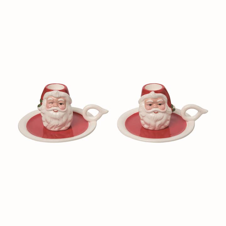 Transpac - Wholesale Candle Holder - CLOSEOUT Christmas Ceramic Vintage Santa Candleholder Set 2
