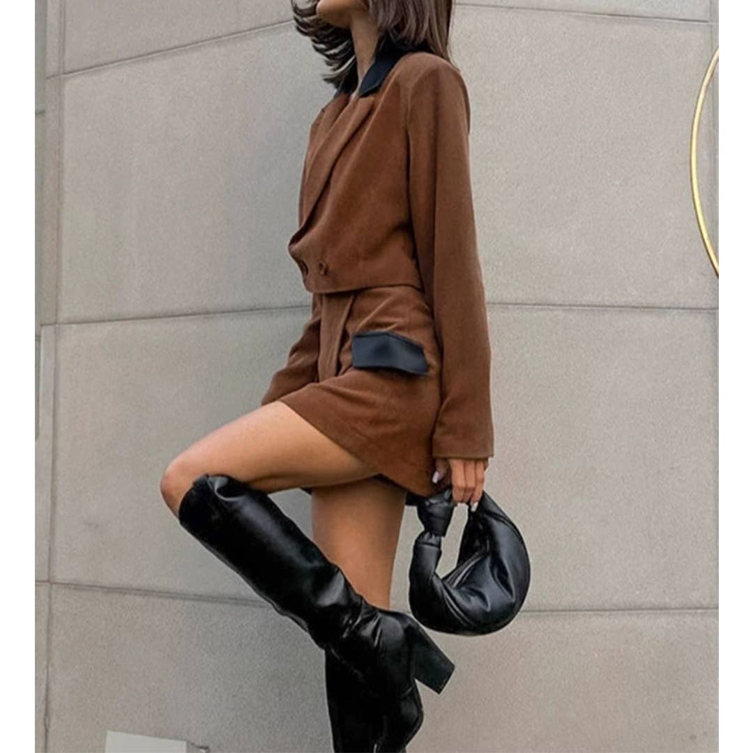 Brown 2pcs Short Jacket & High-Waist Colorblock Skirt Set ZK3624 for wholesale on Faire4