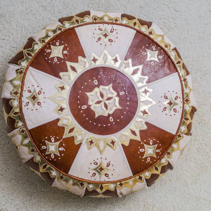 Handmade West African Leather Pouf | Handcrafted by Nigerian Artisans | Ottoman | Floor Cushion | Round Pouf | Unstuffed | Unique Design for wholesale by Mai Glow