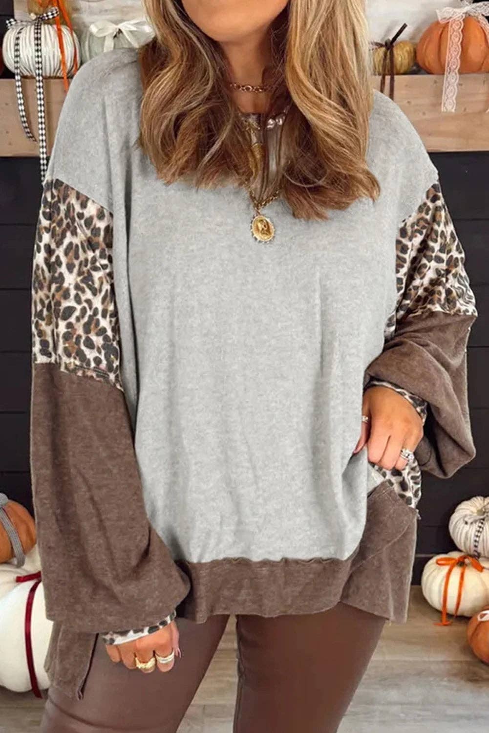 Grå Grå Plus Size Leopard Farveblok Patchwork Dolman Sweatshirt for engroshandel på Faire
