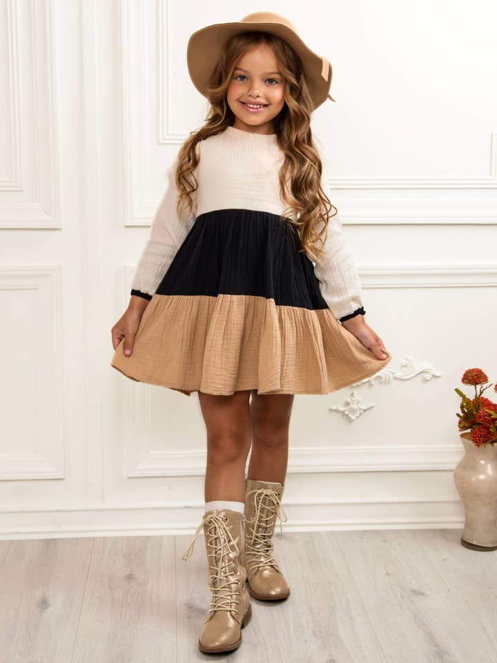 Beige Neutral Colorblock Long Sleeve Tiered Dress for wholesale on Faire