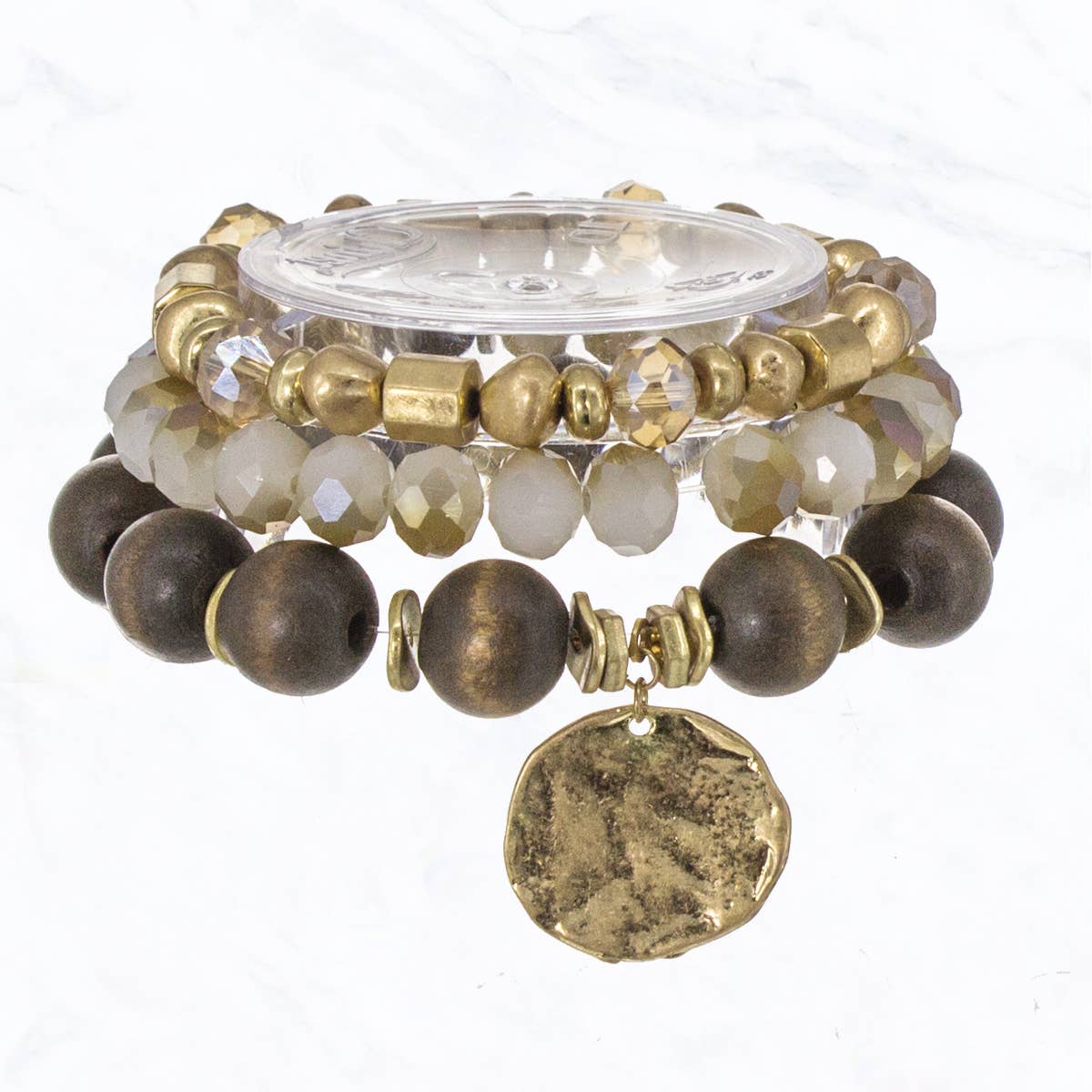 Suzie Q USA – wholesale Pärlarmband – 3-skiktad träboll, glas, myntsträckarmband1