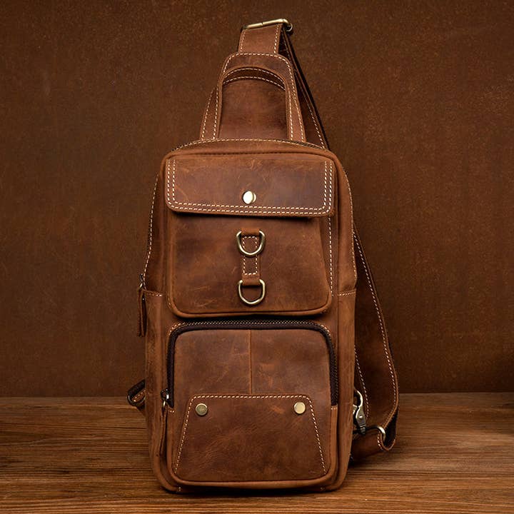 Men Retro Chest Bag Full Grain Leather Chest Pack Casual Messenger Bag V160877 for wholesale by RockCow Leather Studio