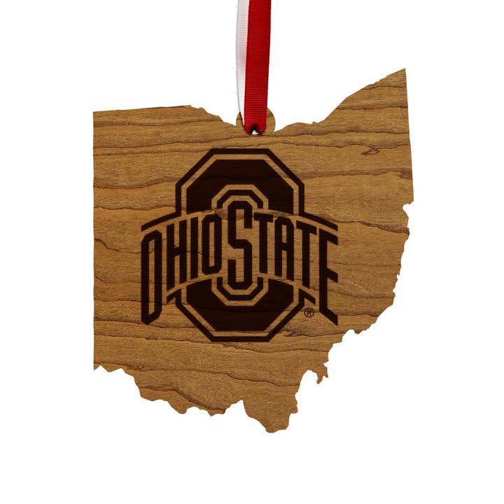 Ohio State University Block O on State Ornament – Crafted from Cherry and Maple Wood – Ohio State Buckeyes for wholesale by LazerEdge