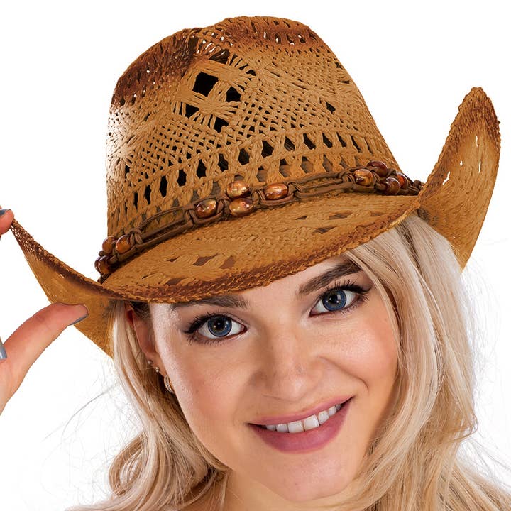 Cap Zone - Wholesale Cowboy Hat - Women's - Beaded Crochet Crushable Straw Cowboy Hat13