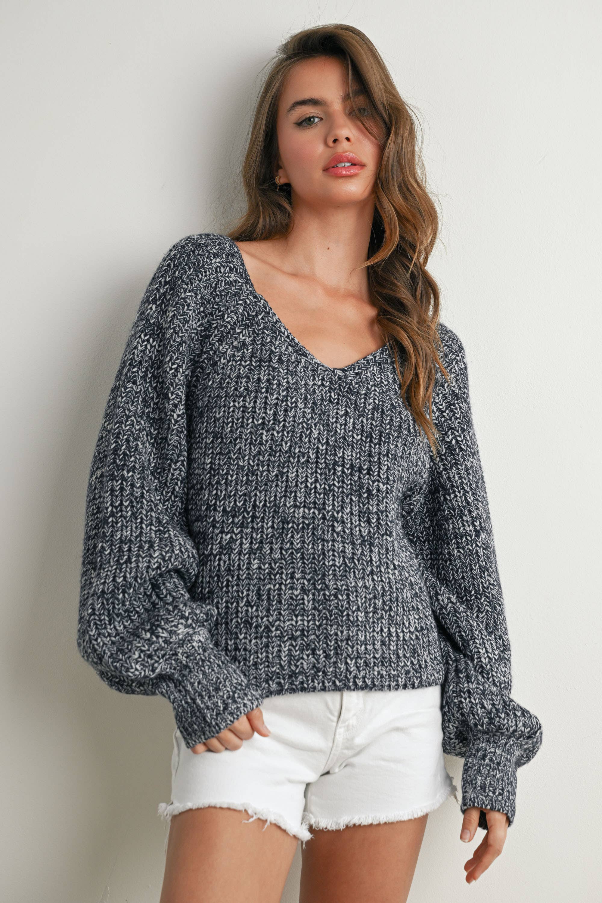 BUTTERMELON - Wholesale Knit Sweater - Women's - Tie-Back V-Neck Drop Shoulder Long Sleeve Top - BMW78105