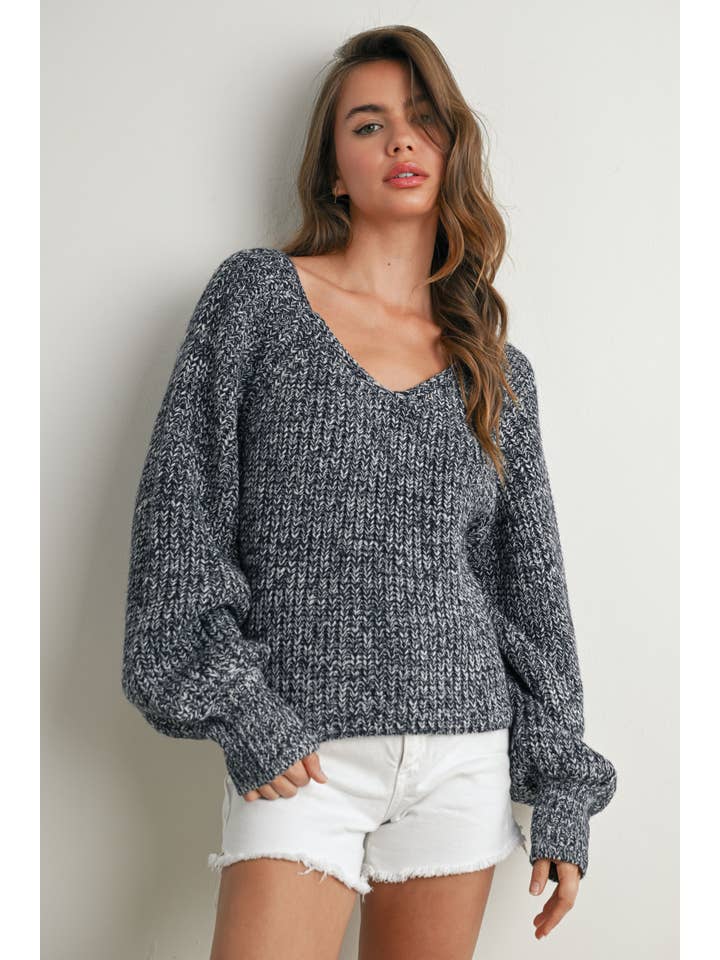 BUTTERMELON - Wholesale Knit Sweater - Women's - Tie-Back V-Neck Drop Shoulder Long Sleeve Top - BMW78105