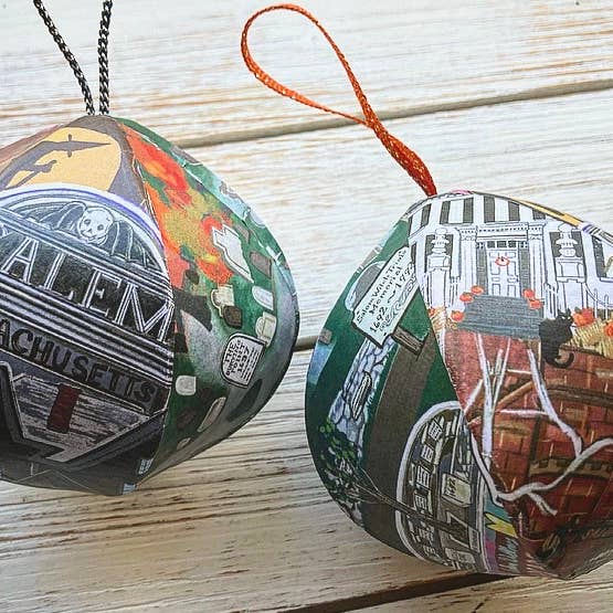Hand-Drawn Salem, MA Handmade Mini-Globe Ornament for wholesale by Domesticadence