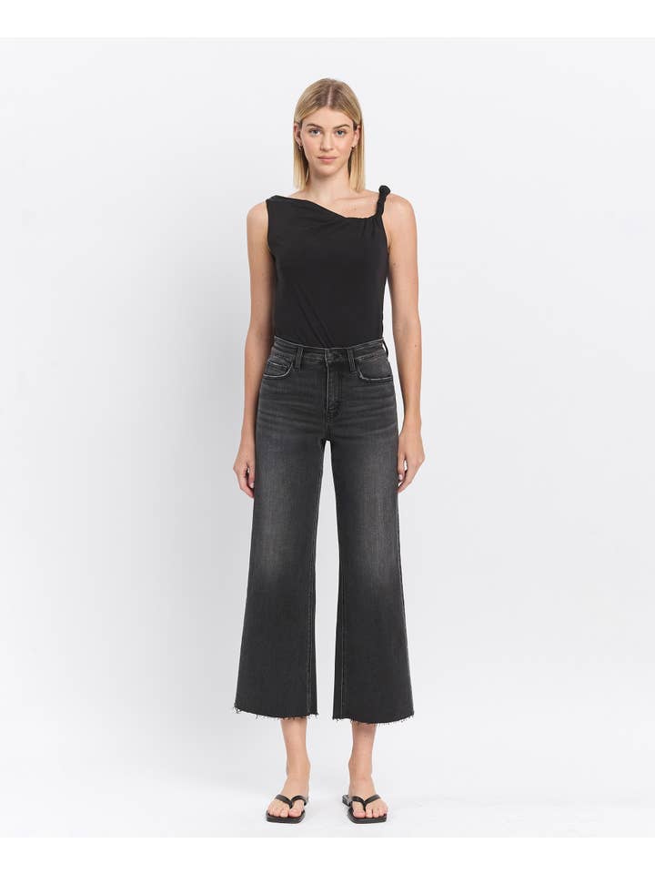 ACERBIC HIGH RISE CLEAN CUT RAW HEM CROP WIDE LEG JEANS F5820 for wholesale on Faire3