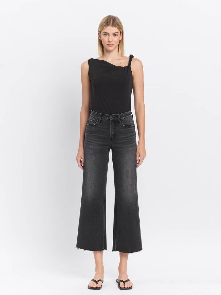 HIGH RISE CLEAN CUT RAW HEM CROP WIDE LEG JEANS F5820 for wholesale by FLYING MONKEY