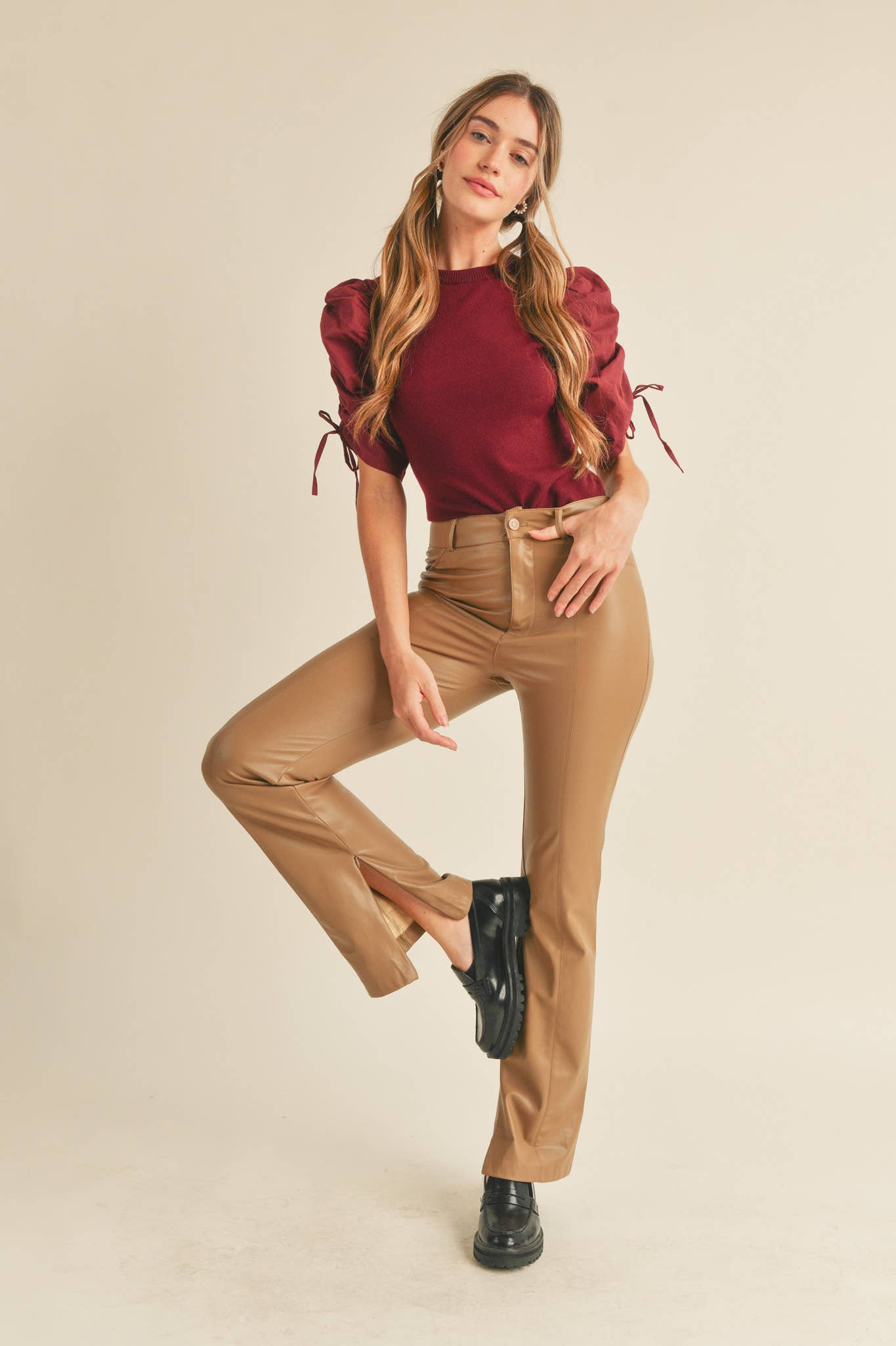 &MERCI - Wholesale Knit Top - Women's - RUCHED SLEEVE MIXED MEDIA TOP MSW246424