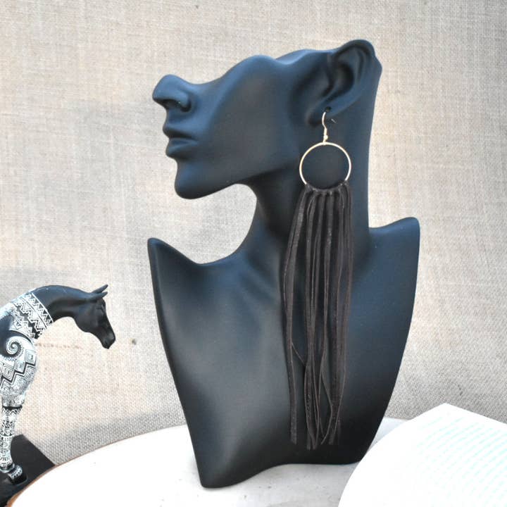 Leather Fringe Earrings - Brown for wholesale by Prairie Buffalo