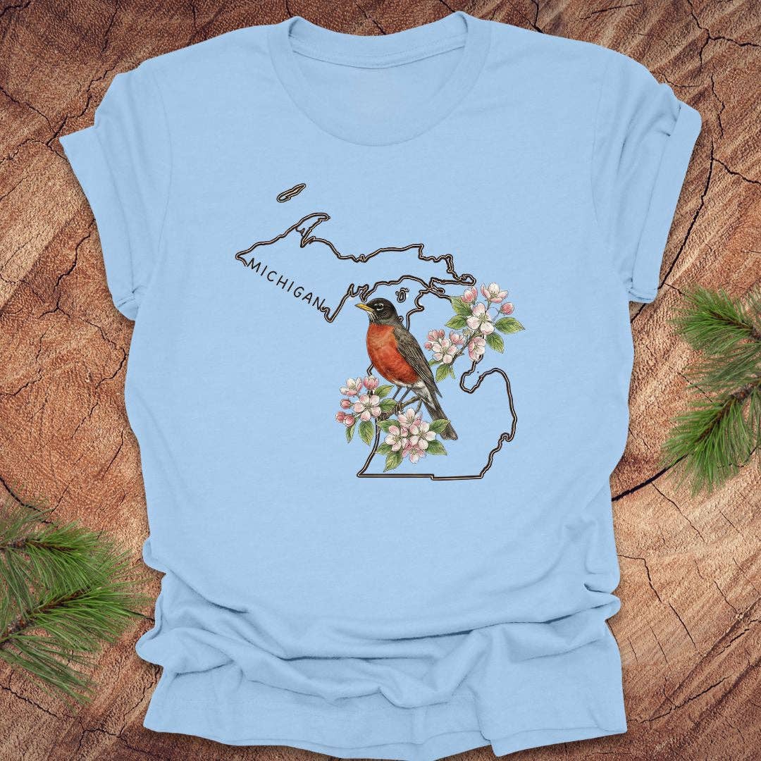 Wandering Owl Adventure Co. - Wholesale Screen Printed T-Shirt - Women's - Michigan Robin and Apple Blossom Tee4