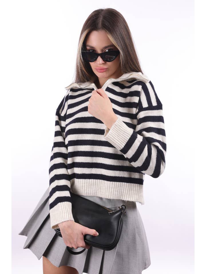 My 9Teen - Wholesale Knit Sweater - Women's - Striped Zippered Knit Sweater4