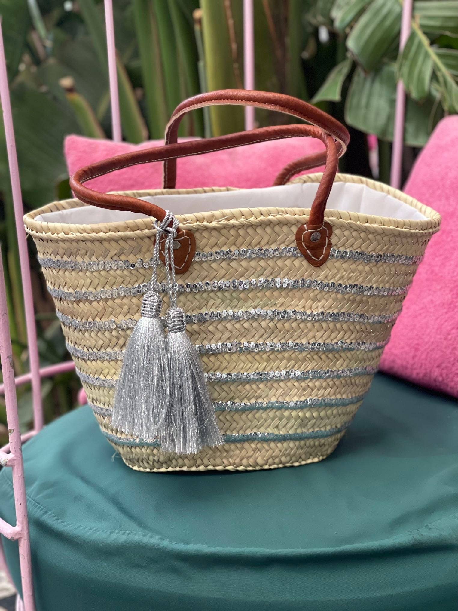 martitec - Vente Sac de plage - Sac à panier à paillettes | Sac à panier marocain tissé à la main argenté 7