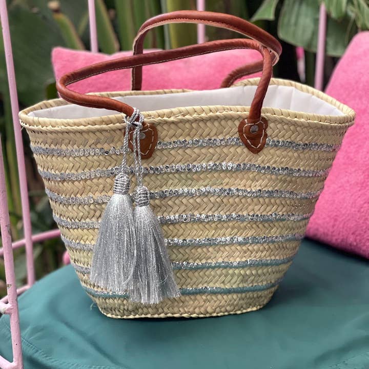 martitec - Vente Sac de plage - Sac à panier à paillettes | Sac à panier marocain tissé à la main argenté 7