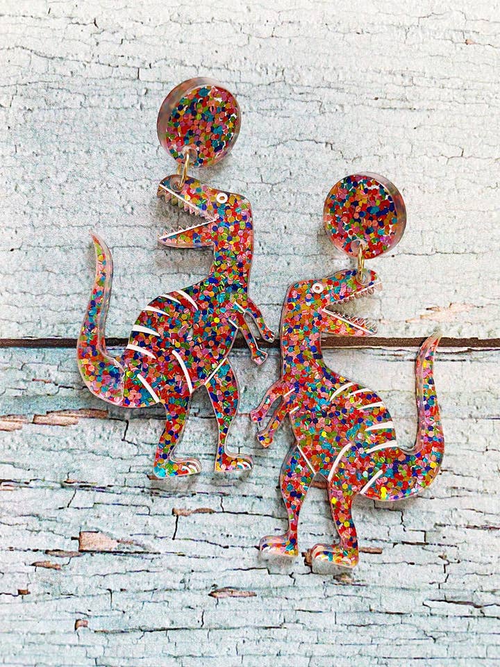 Dino T.Rex oorbellen met meerdere glitters voor wholesale door Le Strict Maximum