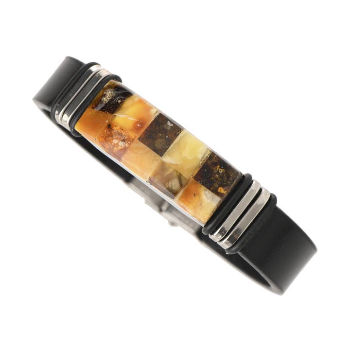 Black Leather & Mosaic Amber Unisex Bracelet for wholesale by The Natural Amber