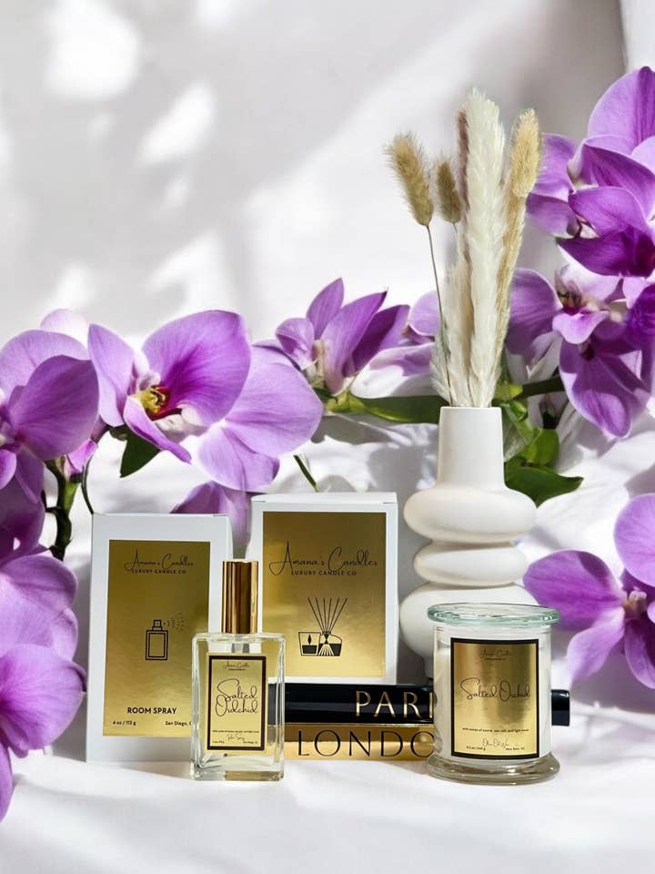 Salted Orchid Room Spray + Candle for wholesale by Amana’s Candles