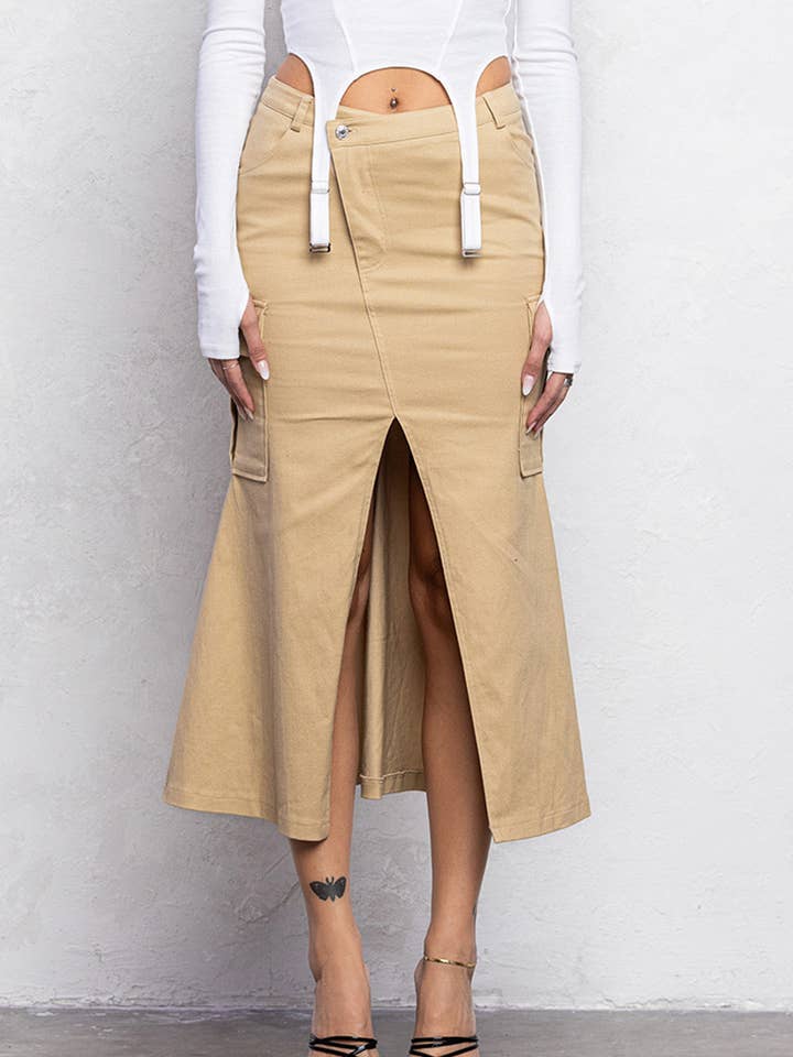 No Vacancy - Wholesale Skirt - Women's - Mermaid front cut detail diagonal midi skirt3