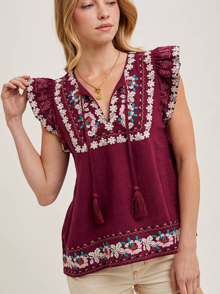 Bluivy - Wholesale Top - Maternity - BOHO EMBROIDERED RUFFLED SLEEVE DRAWSTRING TOP
