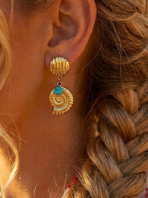 Gold Nautilus Dangle Earrings with Turquoise Bead for wholesale by Goupi