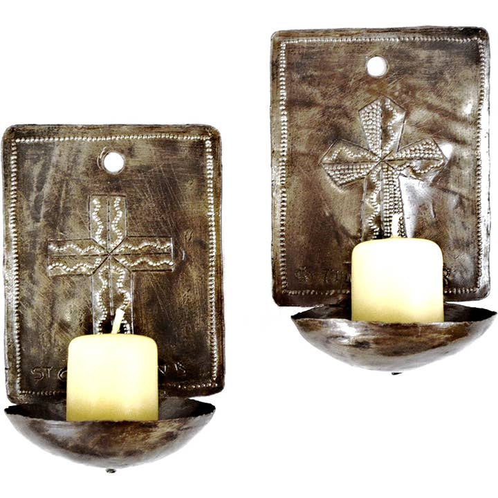 Wall Candle Cross Holder, Decorative Religious 4"x6"x3" for wholesale by Haiti Fair Trade~ It's Cactus