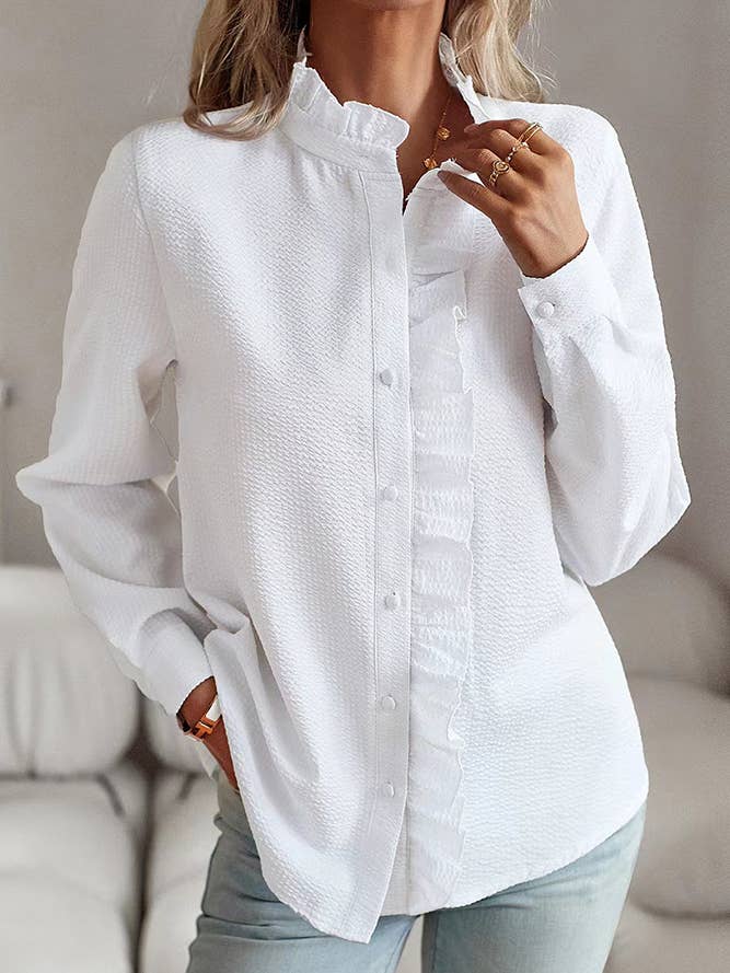 UNISHE - Wholesale Button Down Shirt - Women's - Stripes Ruffle Button Up Shirt ZK1001