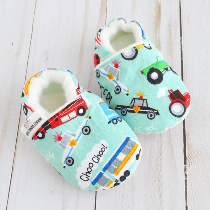 Stay-On Baby Shoes - Baby Mocs - Cars Trucks Trains for wholesale by Waku Waku Baby