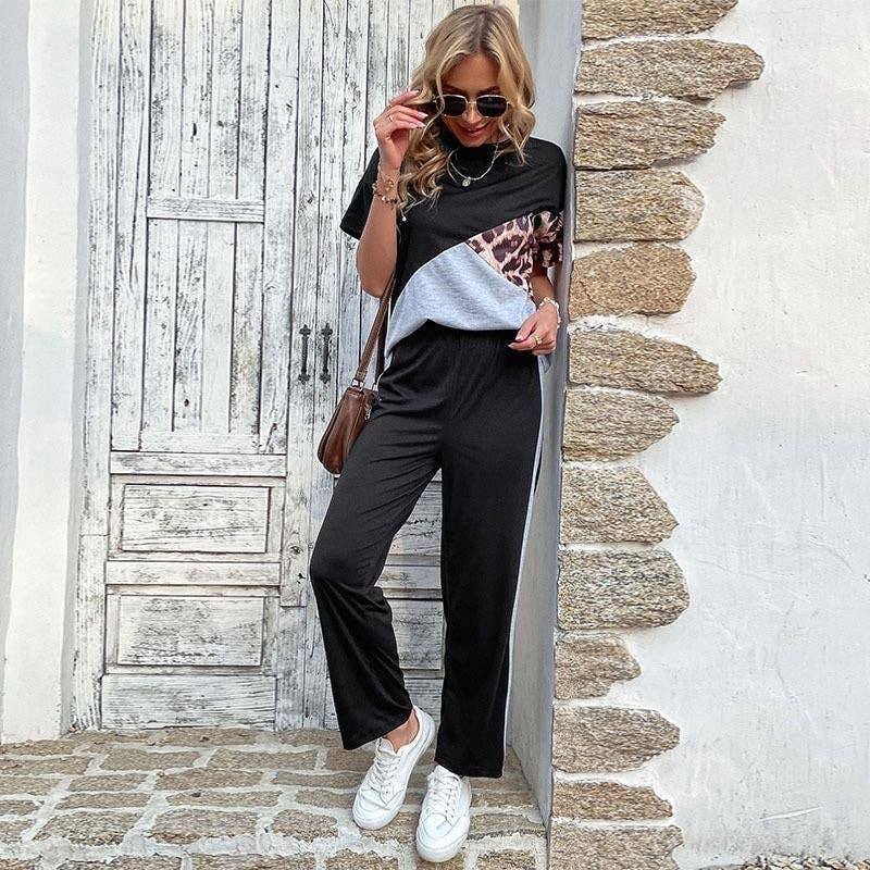 BLACK Colorblock Leopard Print T-Shirt Pants Set for wholesale on Faire2